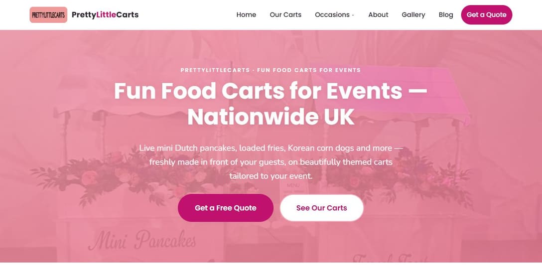 PrettyLittleCarts homepage, a real website built by Roey Digital, shown in a browser window
