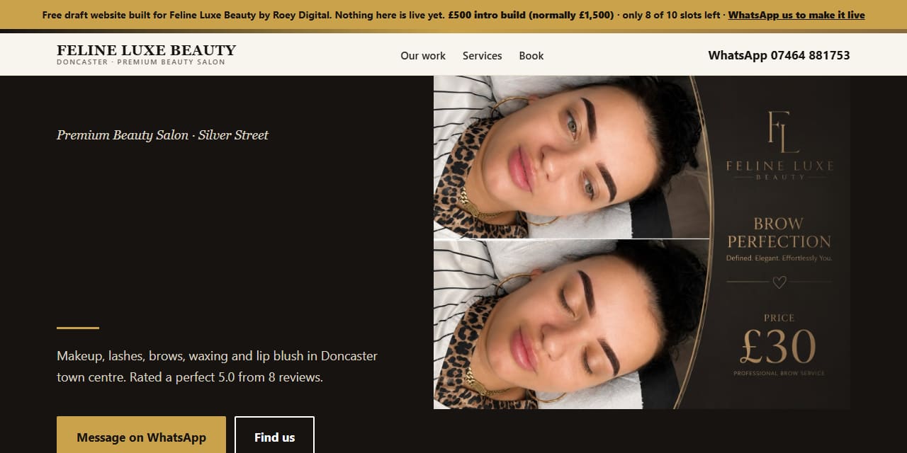 Free draft website built for Feline Luxe Beauty, a real Doncaster beauty salon, using their own photos, branding and a real advertised price